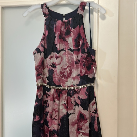 Long floral gown with beaded waist. Pink and Navy floral. - Picture 2 of 4